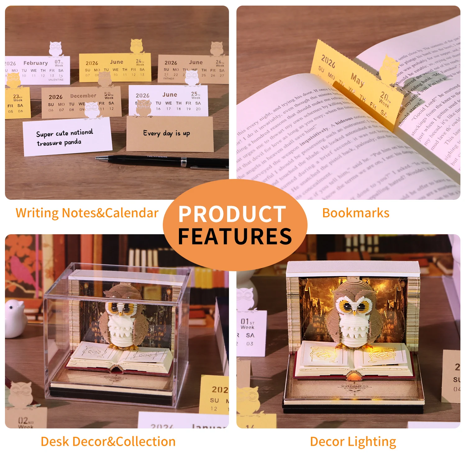 Time Piece Calendar 2027 Desk Calendar With Light 3D Magic Owl Calendar Paper Carving Art Memo Pad Notepad Gift for Christmas