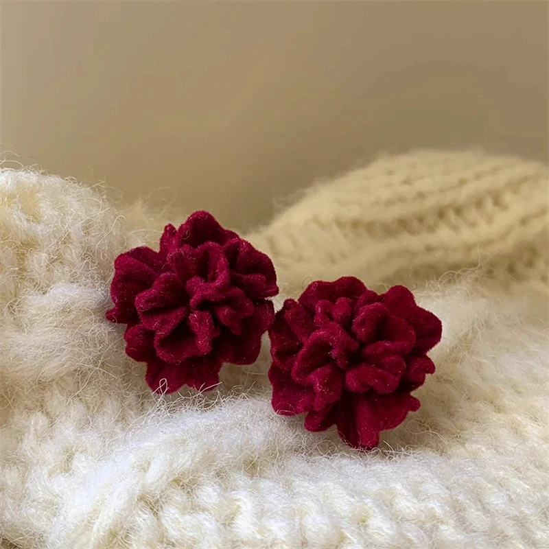 Temperament Winered Flocking Camellia Flower Stud Geometry Earring Jewelry Christmas Girl Friend Gift