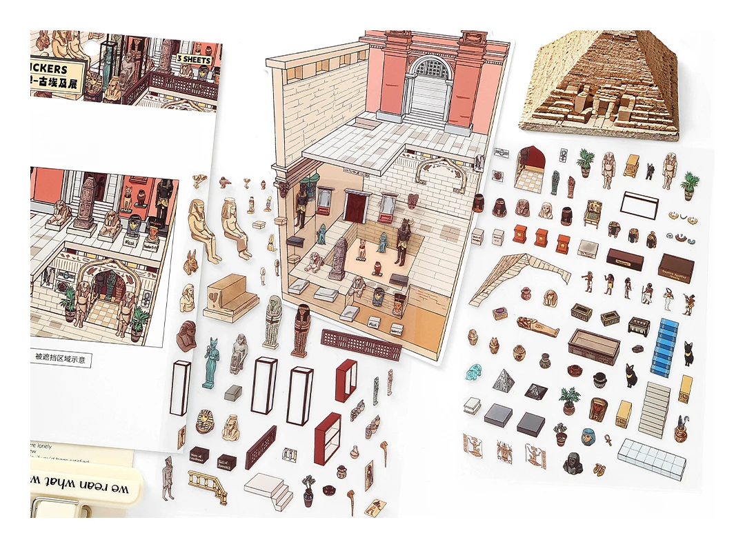 Kawaii Dinosaur Museum 3D Ancient Egypt Exhibition Landscape Sticker DIY Pocket Cabin Scene Christmas gifts 