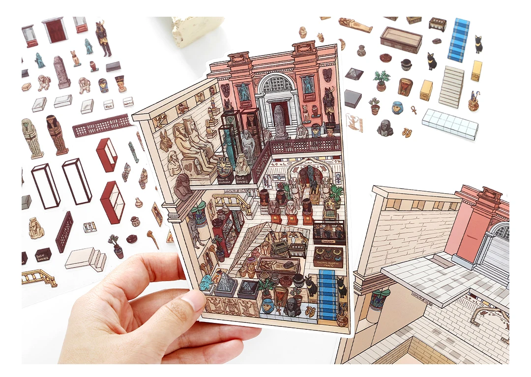 Kawaii Dinosaur Museum 3D Ancient Egypt Exhibition Landscape Sticker DIY Pocket Cabin Scene Christmas gifts 