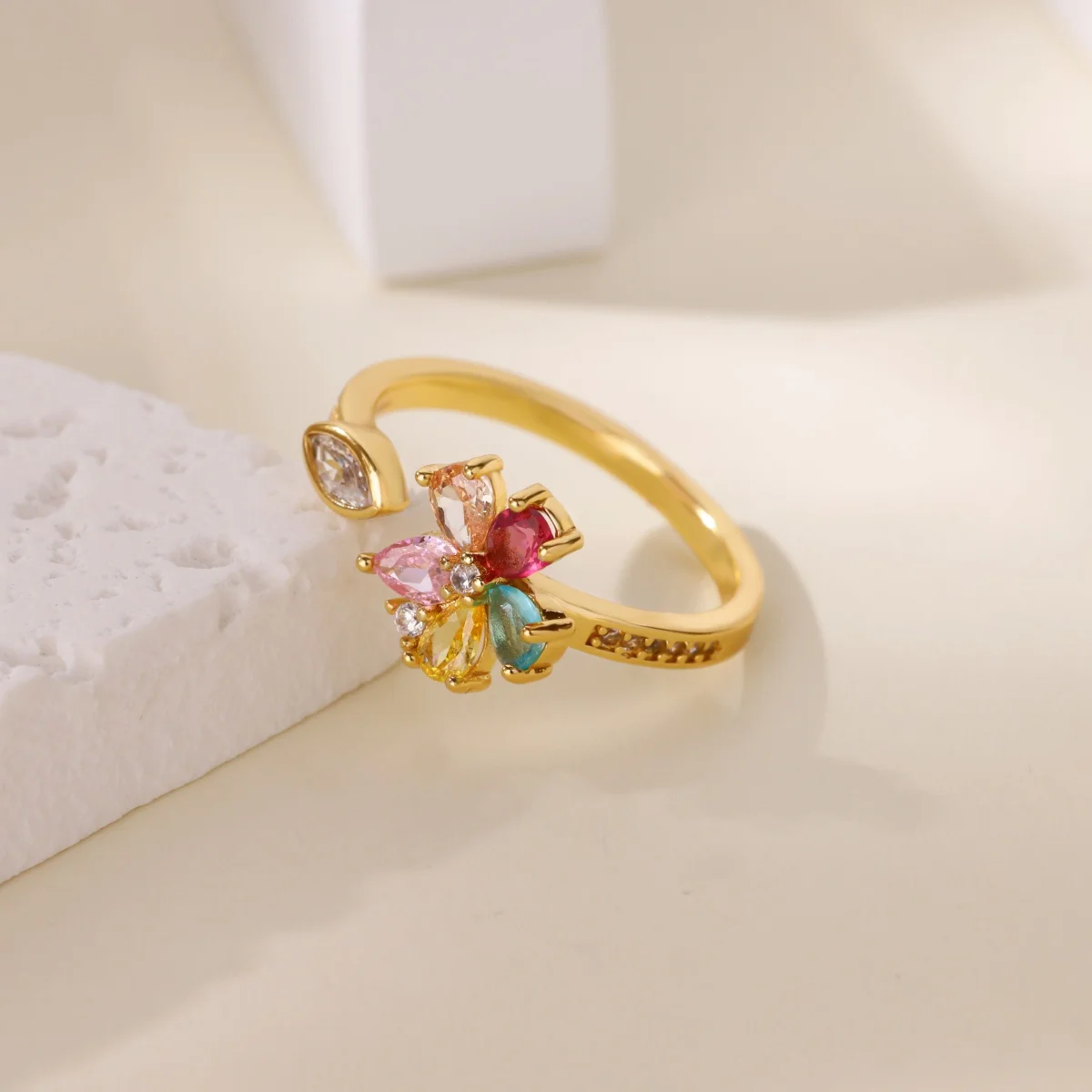 Colorful Rainbow Zircon Flower Rings For Women Gold Color Stainless Steel Flower Adjustable Ring Wedding Christmas Jewelry Gift