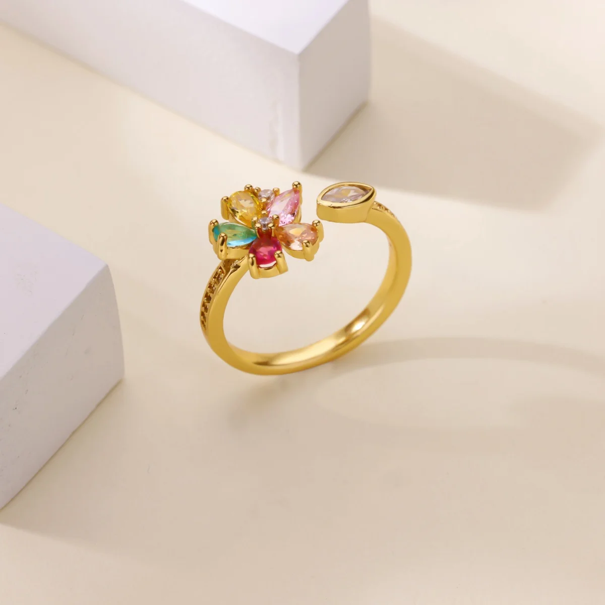 Colorful Rainbow Zircon Flower Rings For Women Gold Color Stainless Steel Flower Adjustable Ring Wedding Christmas Jewelry Gift