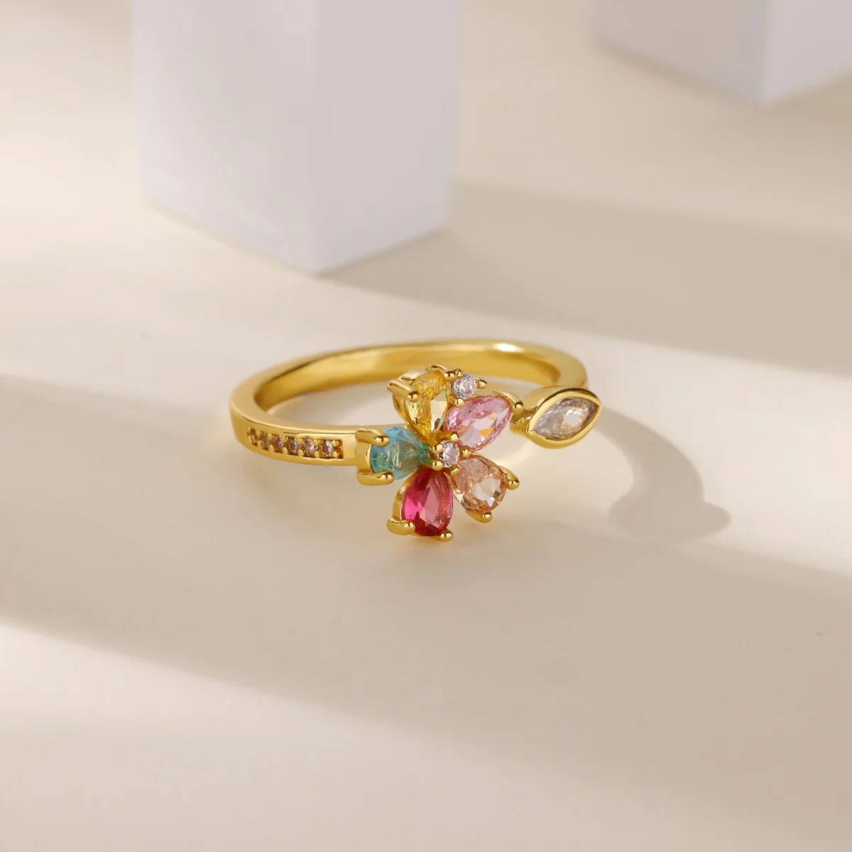 Colorful Rainbow Zircon Flower Rings For Women Gold Color Stainless Steel Flower Adjustable Ring Wedding Christmas Jewelry Gift