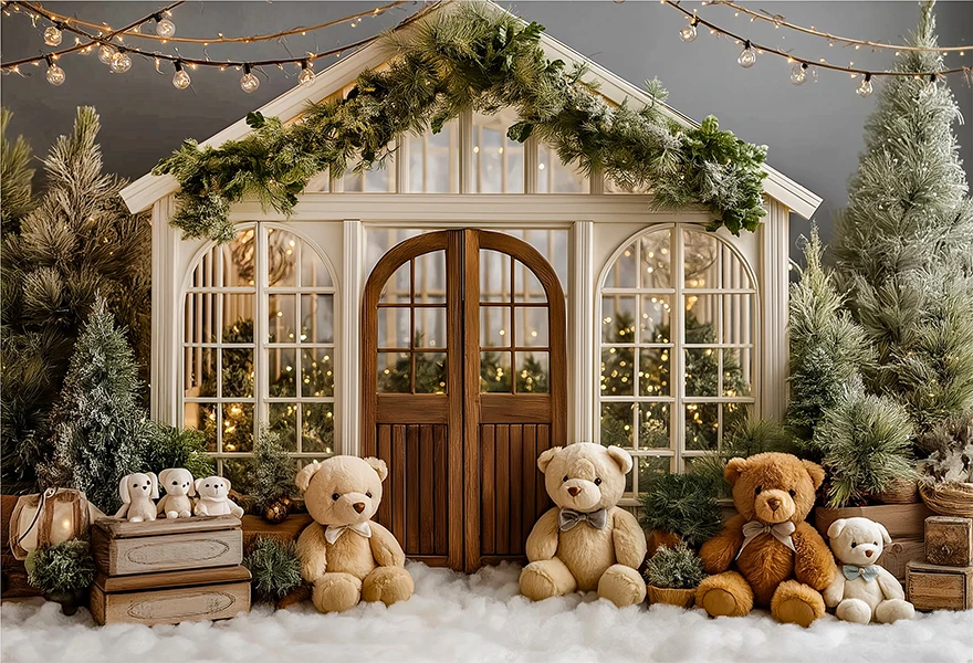White House With Christmas Tree and Little Bear Photography Backdrop Kids Baby Cake Smash Photocall Studio Backgrounds