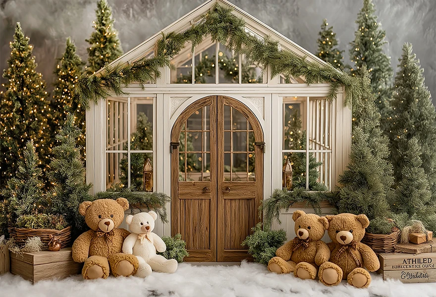 White House With Christmas Tree and Little Bear Photography Backdrop Kids Baby Cake Smash Photocall Studio Backgrounds