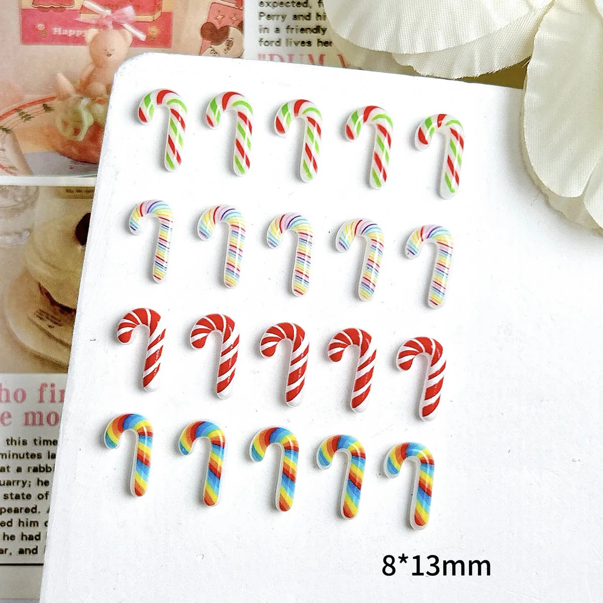20PCS Luminous Creative Simulated Candy cane Resin Nail Charms Novel Colored Cane Nail Art Decorations DIY Christmas Series Nail