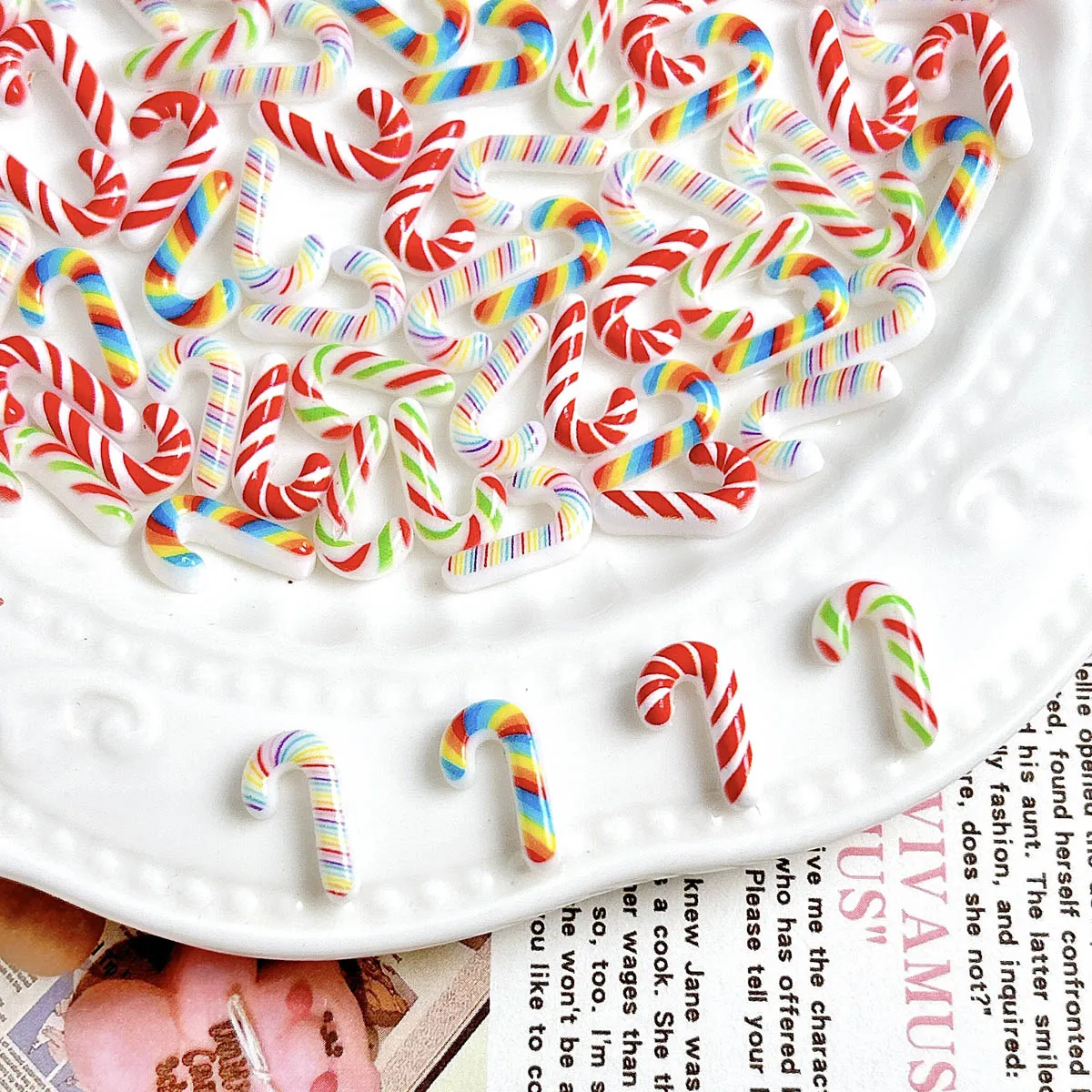 20PCS Luminous Creative Simulated Candy cane Resin Nail Charms Novel Colored Cane Nail Art Decorations DIY Christmas Series Nail