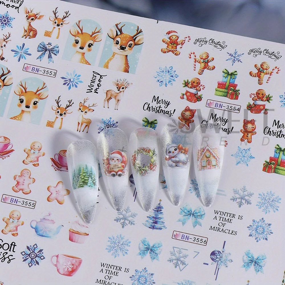 12 Designs Christmas Watermark Nail Stickers Gingerbread Man Deer Bow Snowflake Tree Santa Water Sliders Holiday Manicure Decor