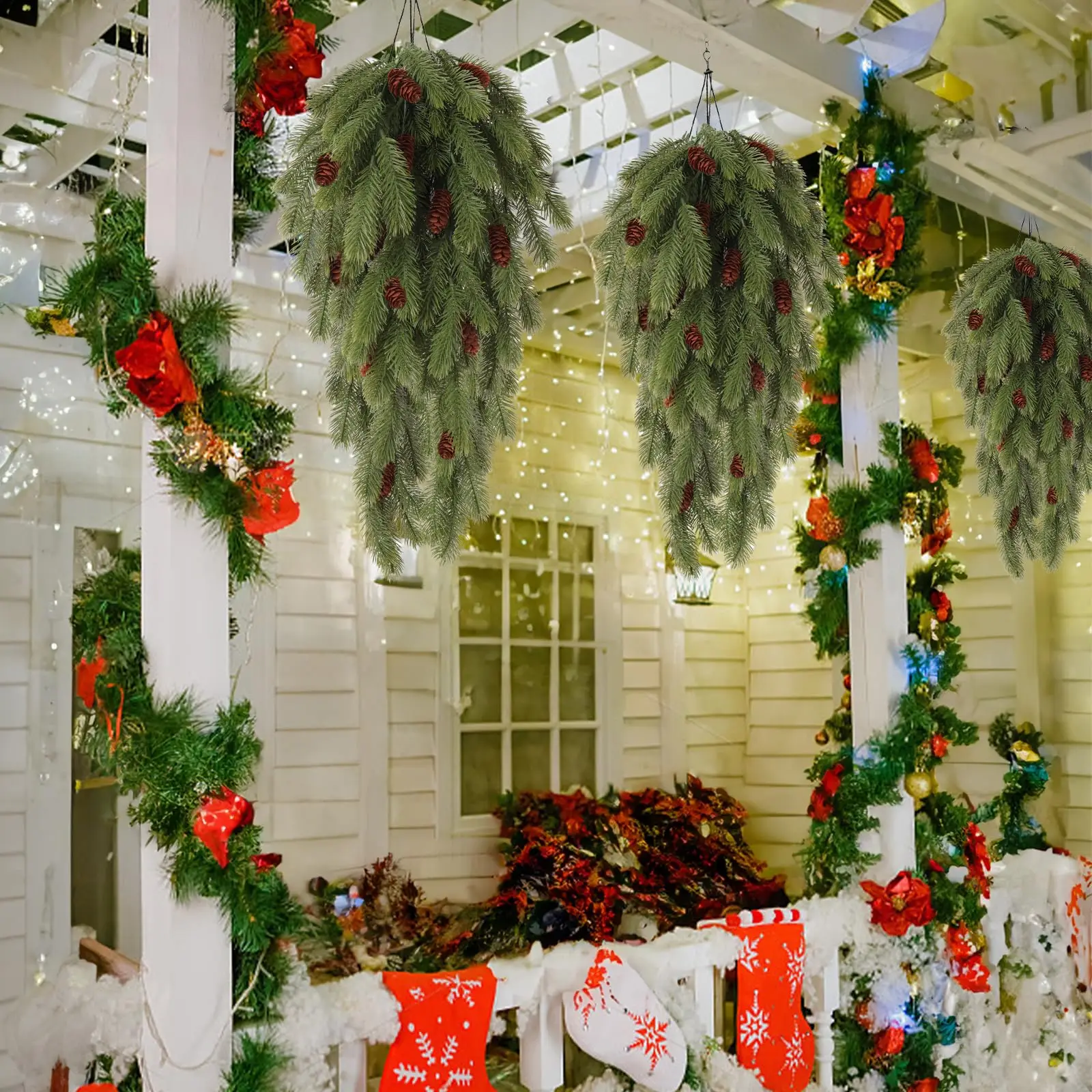1pcs Artificial Pine Needles Hanging Vine with Plastic Faux Pine Cone Fake Plants for Christmas Party Home Indoor Outdoor Decor