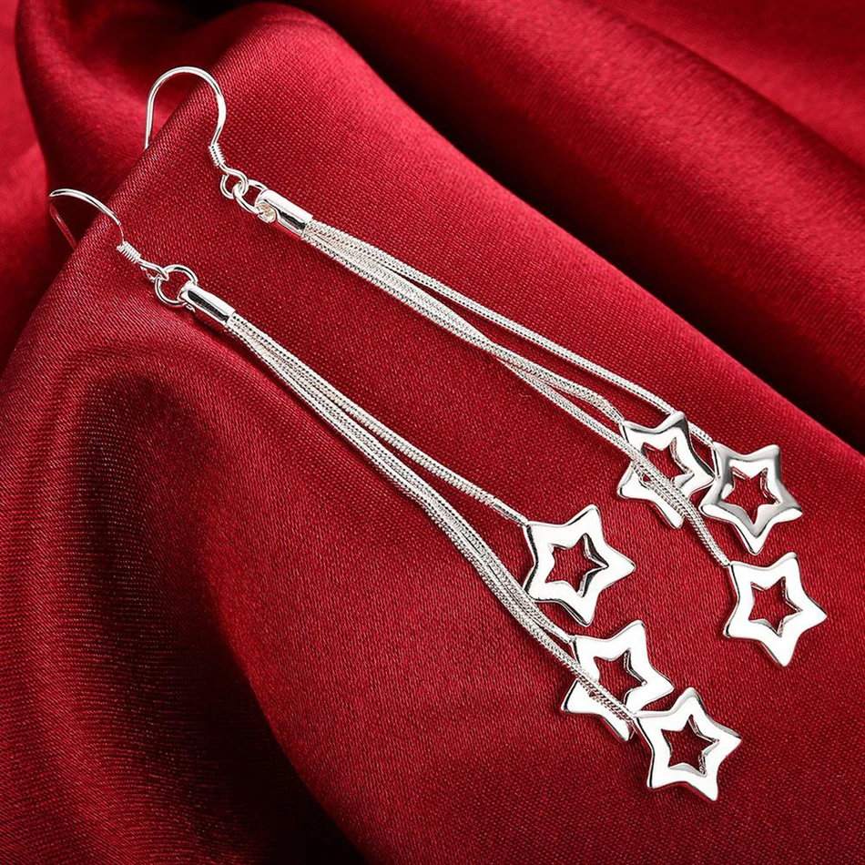 Selling high quality 925 Sterling Silver Earrings fashion Jewelry elegant Woman Tassel hanging stars earrings Christmas Gifts