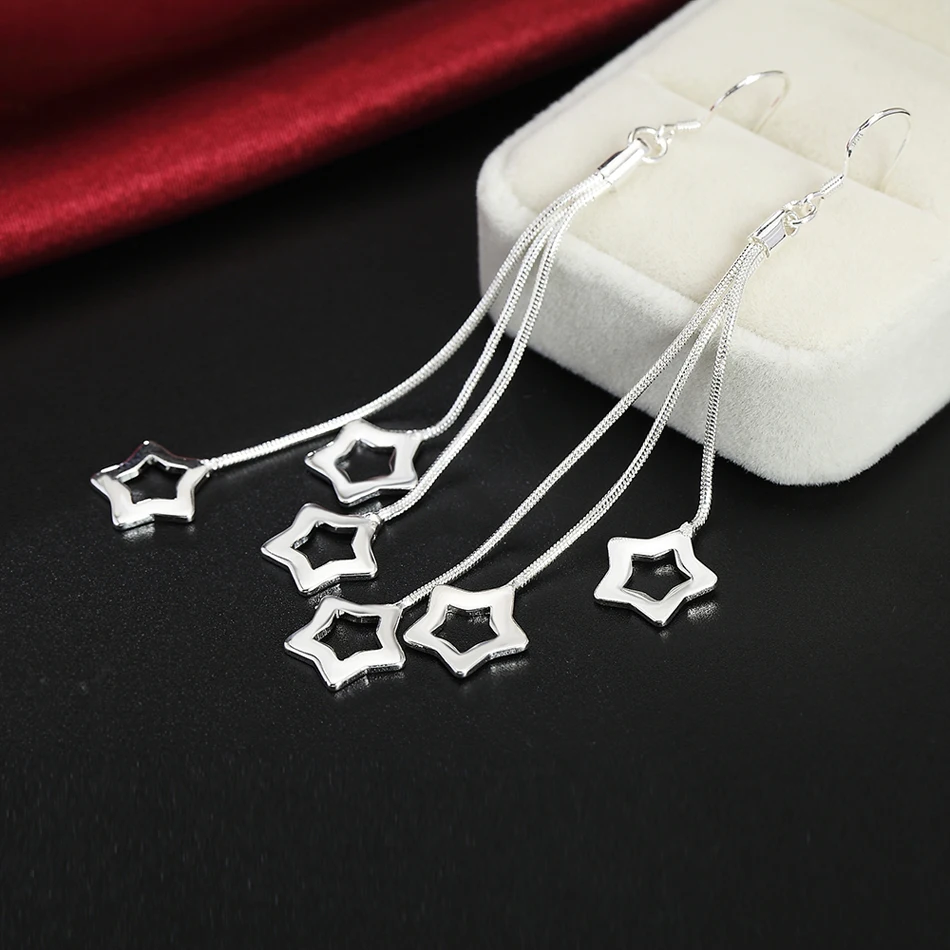 Selling high quality 925 Sterling Silver Earrings fashion Jewelry elegant Woman Tassel hanging stars earrings Christmas Gifts