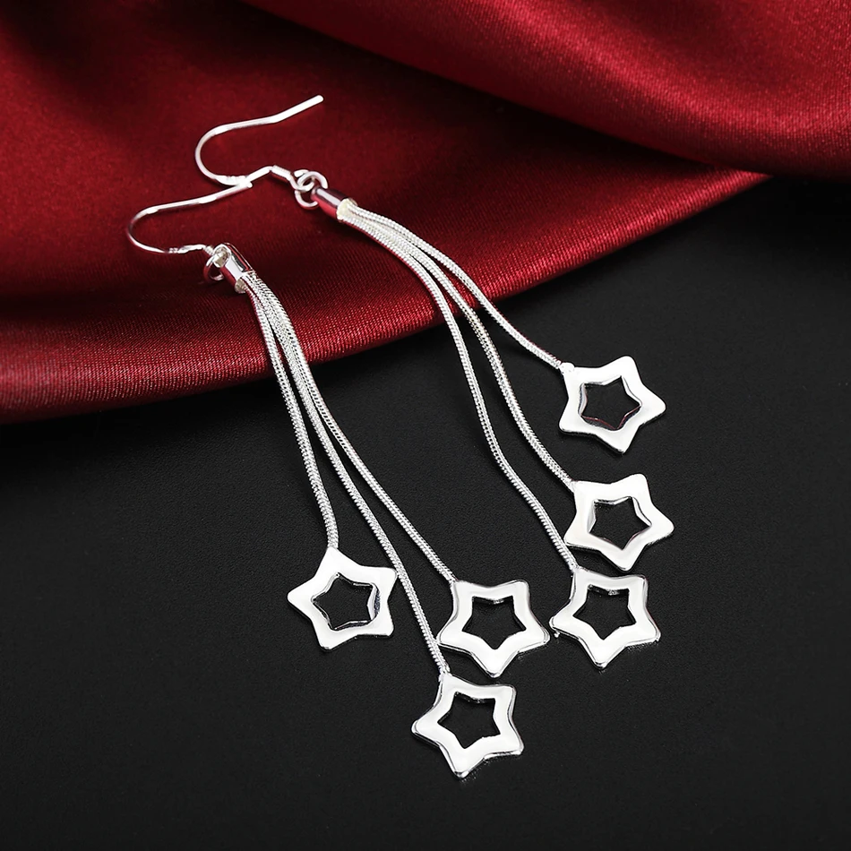 Selling high quality 925 Sterling Silver Earrings fashion Jewelry elegant Woman Tassel hanging stars earrings Christmas Gifts