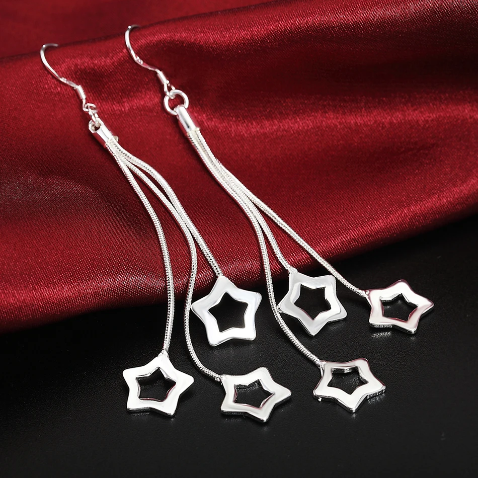 Selling high quality 925 Sterling Silver Earrings fashion Jewelry elegant Woman Tassel hanging stars earrings Christmas Gifts