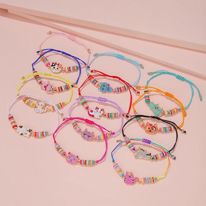 12Pcs/set Cute Cat Colorful Rope Rainbow Unicorn Charm Bracelets For Women Girls Birthday Christmas Jewelry Friendship Gift