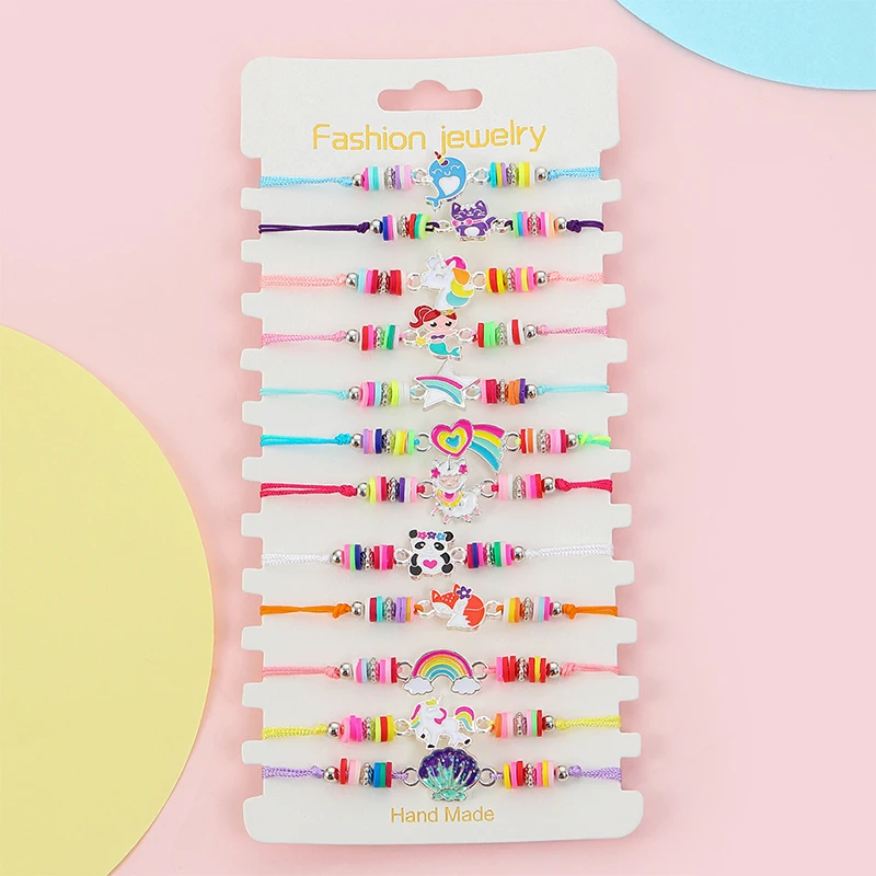 12Pcs/set Cute Cat Colorful Rope Rainbow Unicorn Charm Bracelets For Women Girls Birthday Christmas Jewelry Friendship Gift