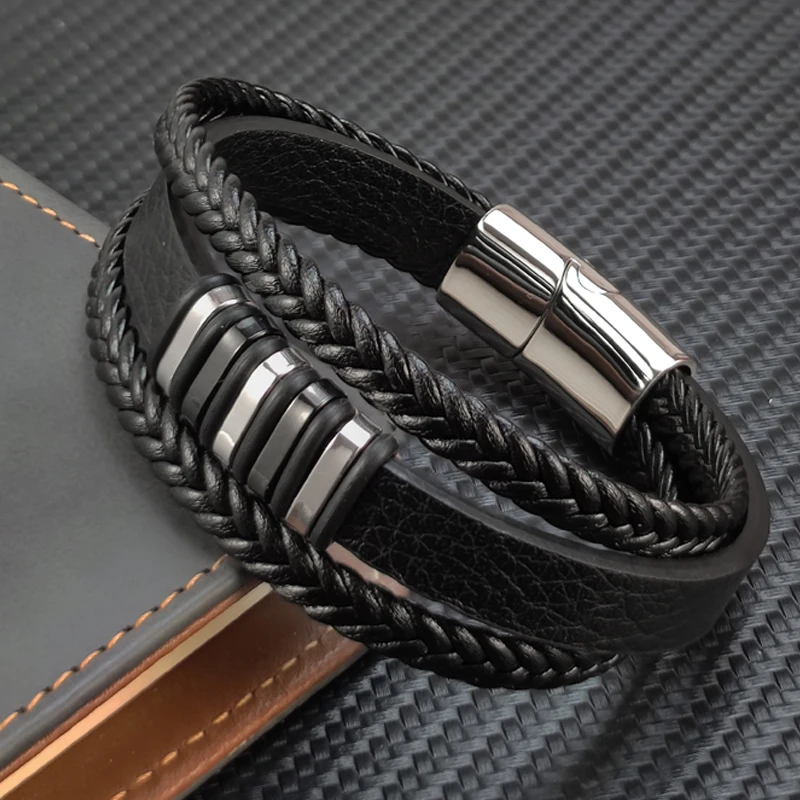 Charm Design Classic Men's Leather Bracelet 3 Colors Stainless Steel Magnet Bangle Fashion Men's Christmas New Year Gifts