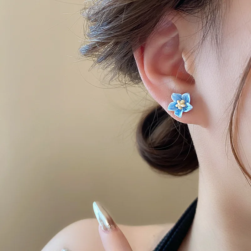Resin Blue Camellia Stud Earring for Women New Trend Sweet Jewelry Accessory Wholesale Wedding Christmas Gift