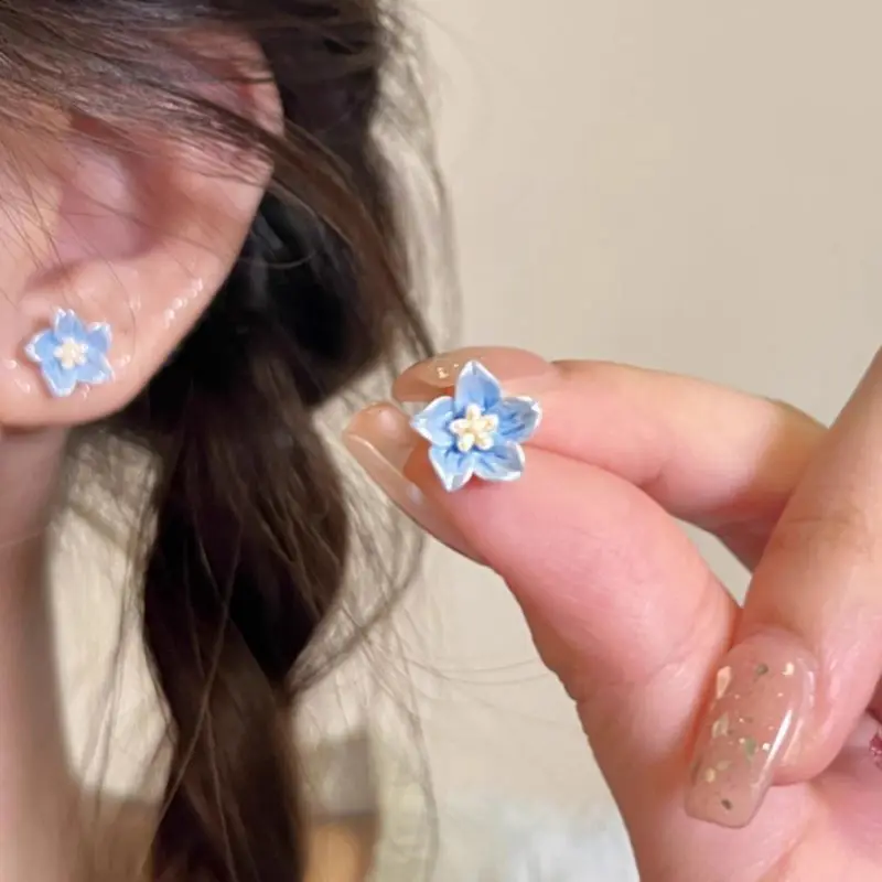 Resin Blue Camellia Stud Earring for Women New Trend Sweet Jewelry Accessory Wholesale Wedding Christmas Gift