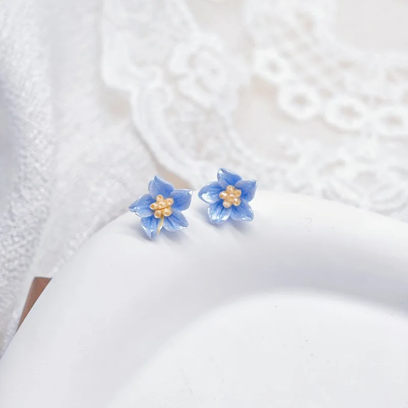 Resin Blue Camellia Stud Earring for Women New Trend Sweet Jewelry Accessory Wholesale Wedding Christmas Gift