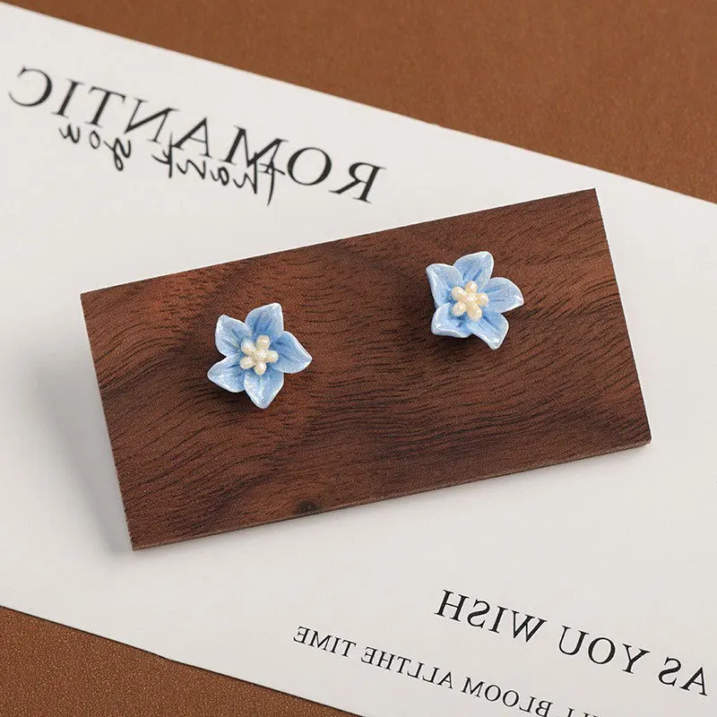 Resin Blue Camellia Stud Earring for Women New Trend Sweet Jewelry Accessory Wholesale Wedding Christmas Gift