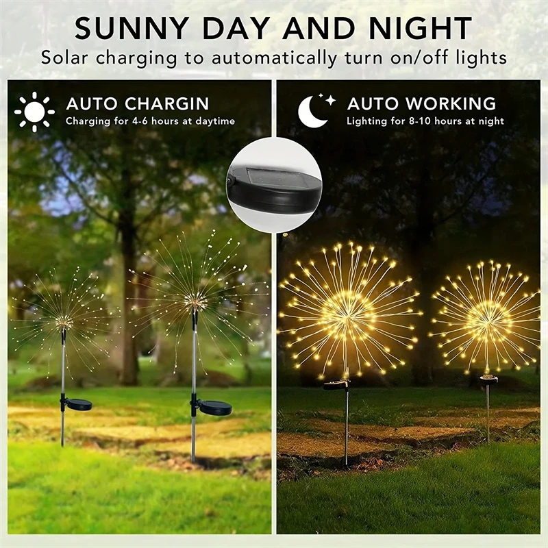 1/2/4PCS Solar Firework Light Waterproof Outdoor 8 Lighting Modes Lights 90-200LED Fairy String Light Christmas Path Lawn Decor