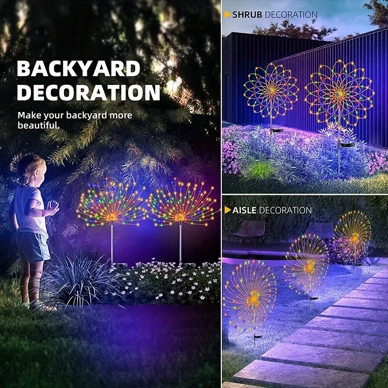 1/2/4PCS Solar Firework Light Waterproof Outdoor 8 Lighting Modes Lights 90-200LED Fairy String Light Christmas Path Lawn Decor