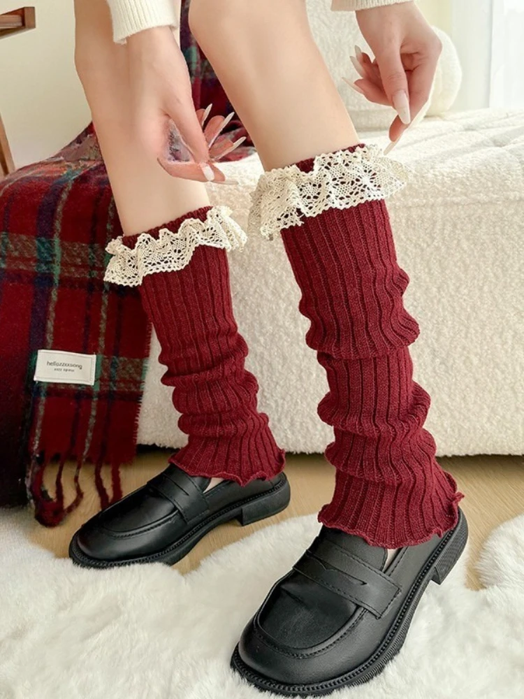 New Design Bow Wine Red Leg Warmers Autumn/Winter Women Ballet Style Lace Trim Stacked Socks Christmas Knitted JK Slouch Socks
