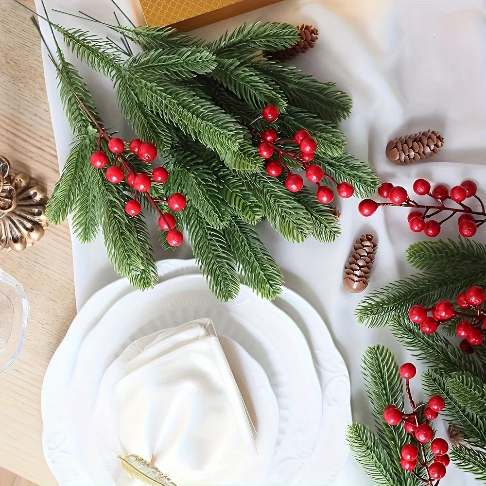 20pcs Artificial Pine Tree Plastic Green Pine Branches DIY Christmas Decoration Winter Tabletop Plants Christmas Tree Decoration