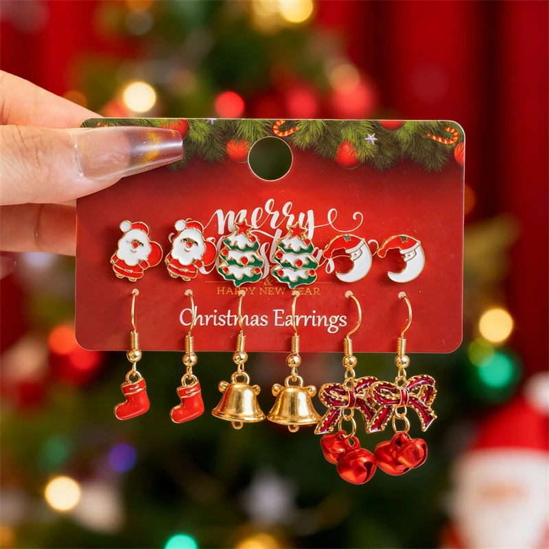 Cute Christmas Gingerbread Snowflake Earrings Set for Women 12 pcs Santa Claus Christmas Tree Bell Earrings New Year Jewelry