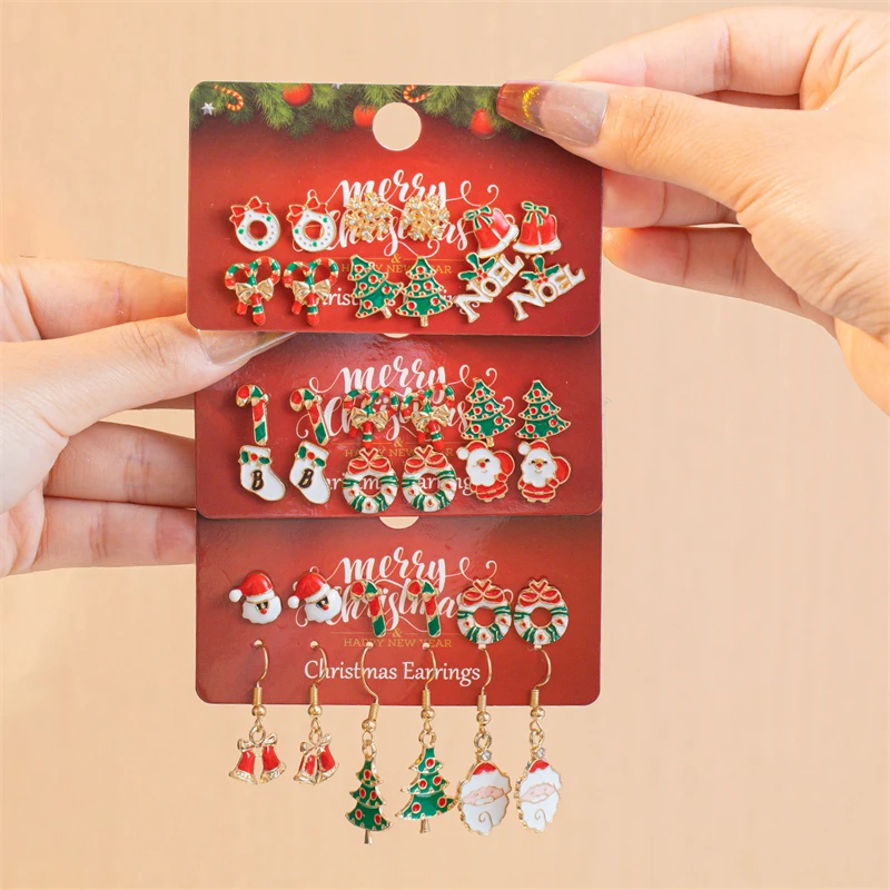 Cute Christmas Gingerbread Snowflake Earrings Set for Women 12 pcs Santa Claus Christmas Tree Bell Earrings New Year Jewelry