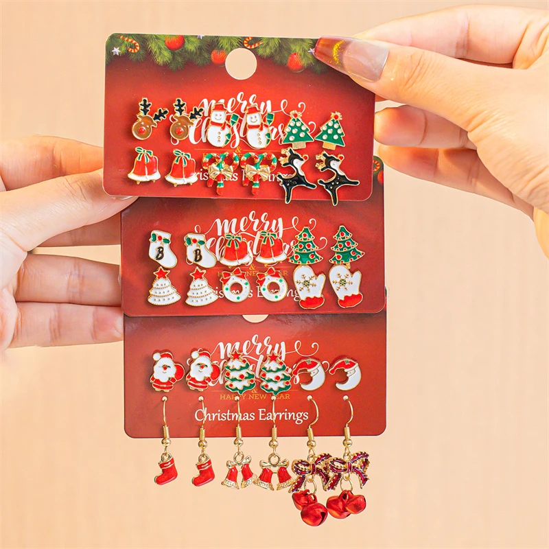 Cute Christmas Gingerbread Snowflake Earrings Set for Women 12 pcs Santa Claus Christmas Tree Bell Earrings New Year Jewelry