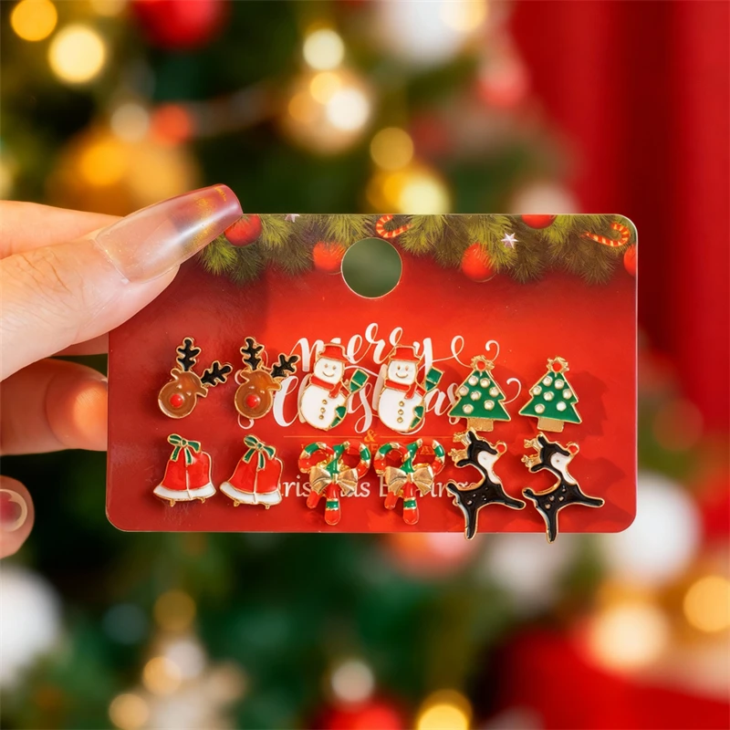 Cute Christmas Gingerbread Snowflake Earrings Set for Women 12 pcs Santa Claus Christmas Tree Bell Earrings New Year Jewelry