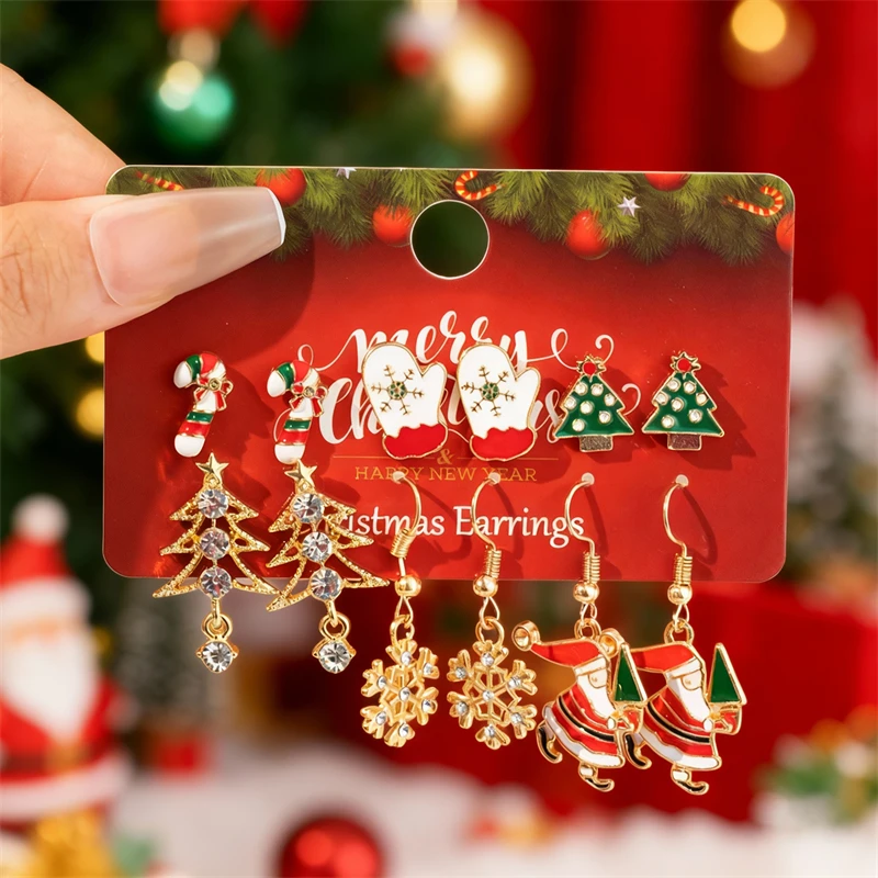 Cute Christmas Gingerbread Snowflake Earrings Set for Women 12 pcs Santa Claus Christmas Tree Bell Earrings New Year Jewelry