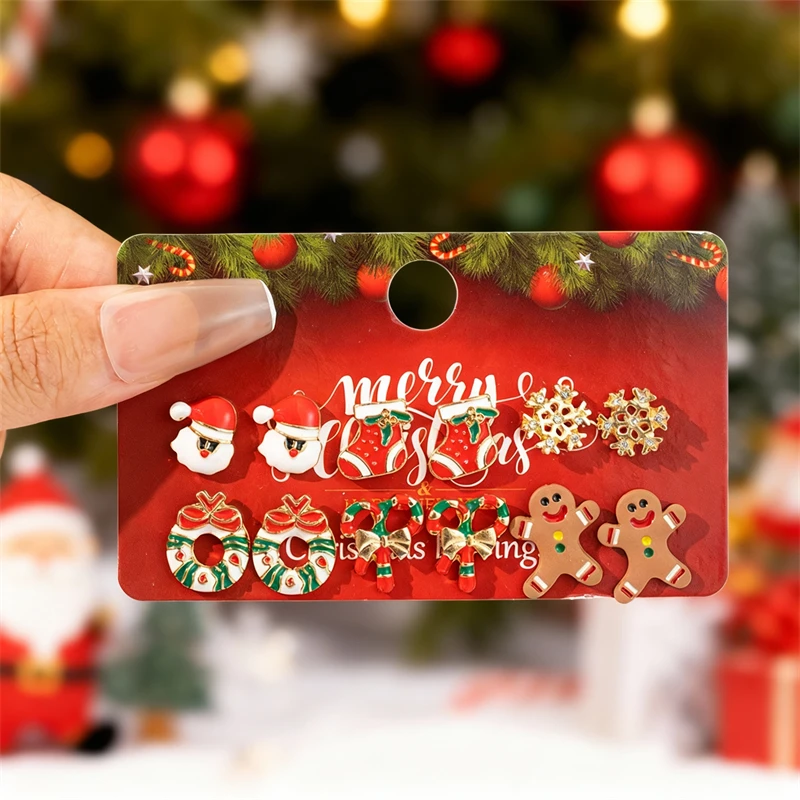 Cute Christmas Gingerbread Snowflake Earrings Set for Women 12 pcs Santa Claus Christmas Tree Bell Earrings New Year Jewelry
