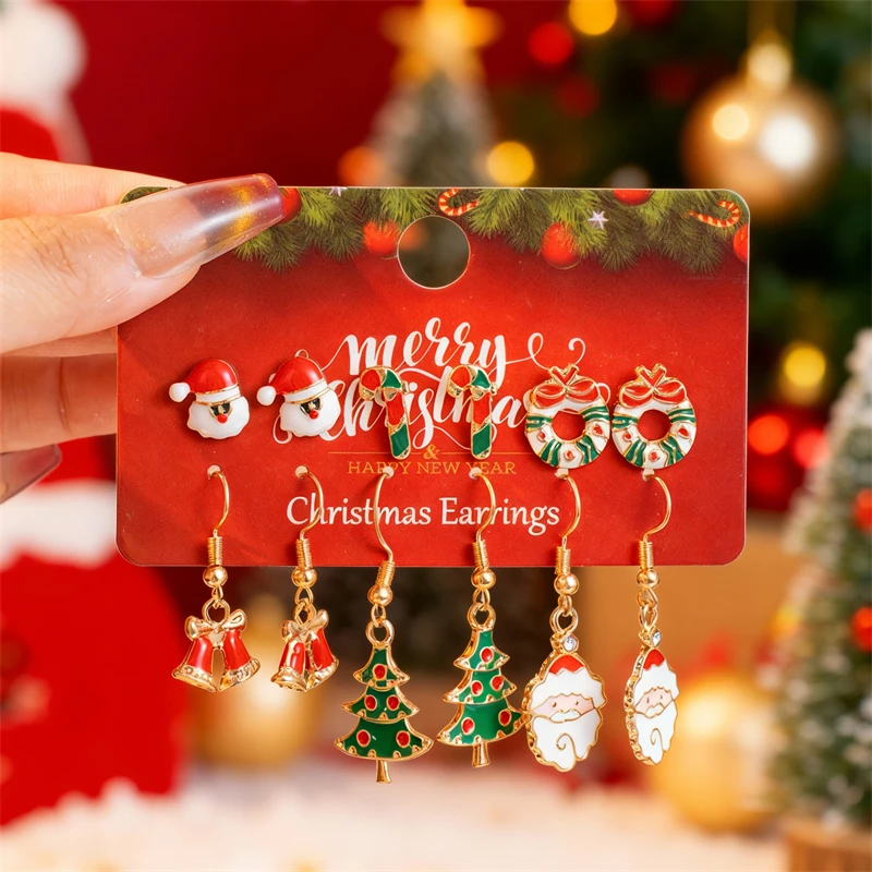Cute Christmas Gingerbread Snowflake Earrings Set for Women 12 pcs Santa Claus Christmas Tree Bell Earrings New Year Jewelry