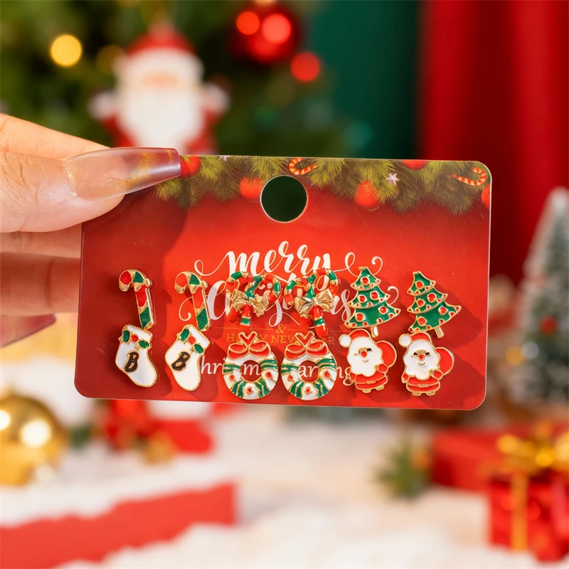 Cute Christmas Gingerbread Snowflake Earrings Set for Women 12 pcs Santa Claus Christmas Tree Bell Earrings New Year Jewelry