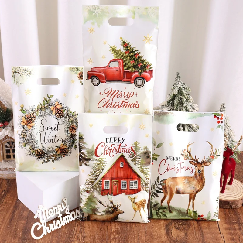 10/20/50pcs Christmas Candy Bags Rustic Xmas Tree Wreath Elk Truck Gifts Packaging Bag Winter Holiday Christmas Decorations 2025