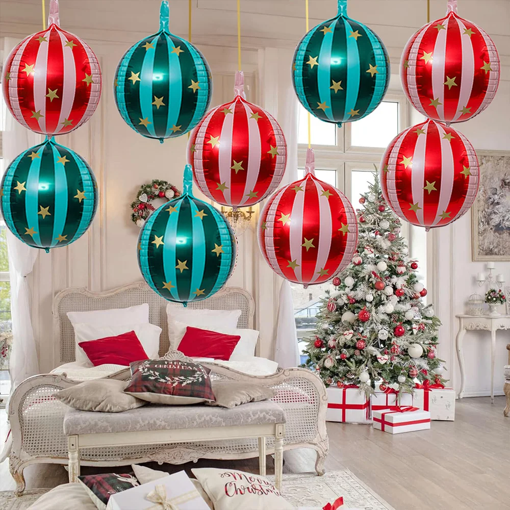 8-Pack of 22-Inch 4D Striped Star Balloons, 4 Red 4D Striped Star Balloons, 4 Green 4D Striped Star Balloons, 4D Aluminum Foil Balloons, Volleyball Balloons, Suitable for Christmas, Birthday Parties, Theme Parties, Christmas Party Decorations
