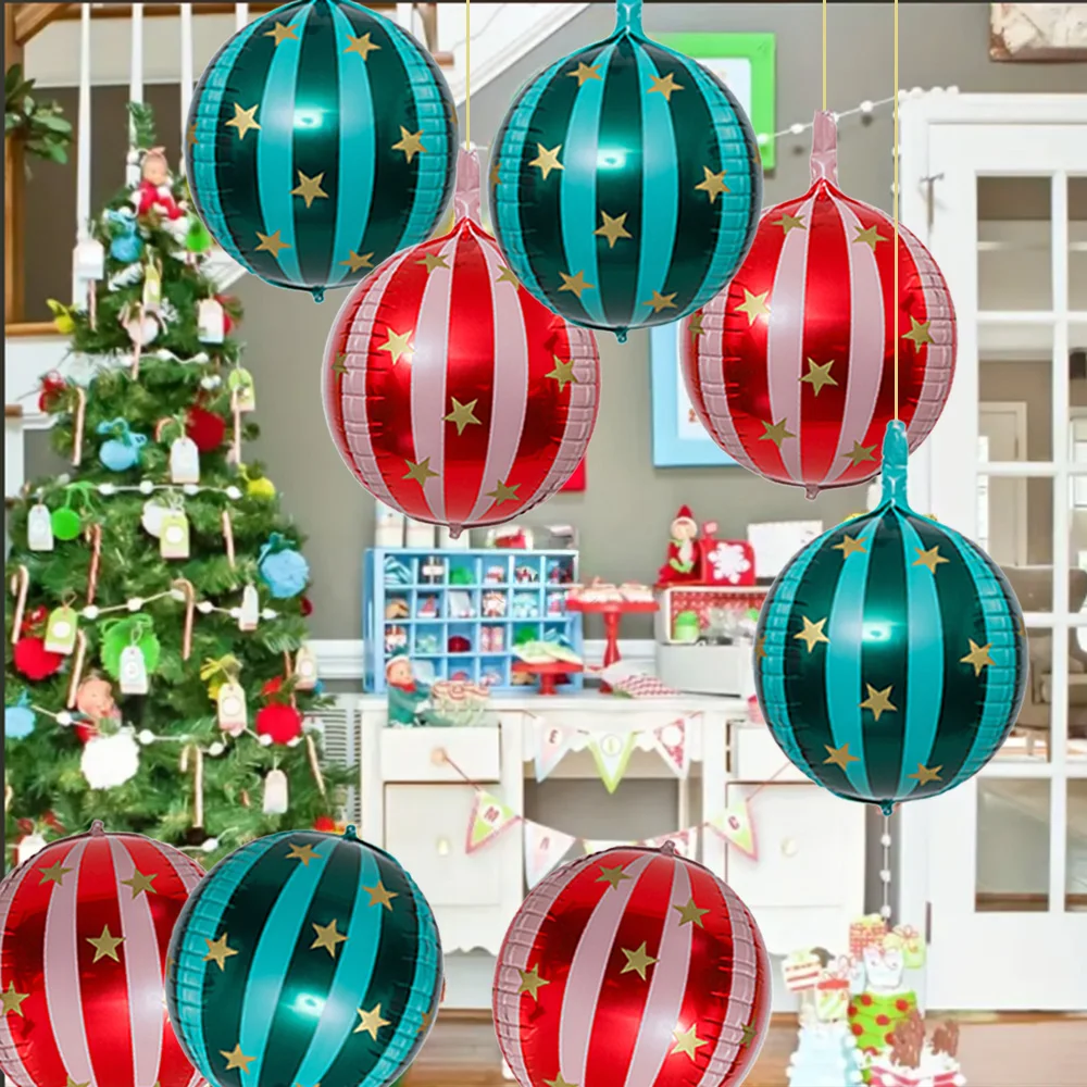 8-Pack of 22-Inch 4D Striped Star Balloons, 4 Red 4D Striped Star Balloons, 4 Green 4D Striped Star Balloons, 4D Aluminum Foil Balloons, Volleyball Balloons, Suitable for Christmas, Birthday Parties, Theme Parties, Christmas Party Decorations
