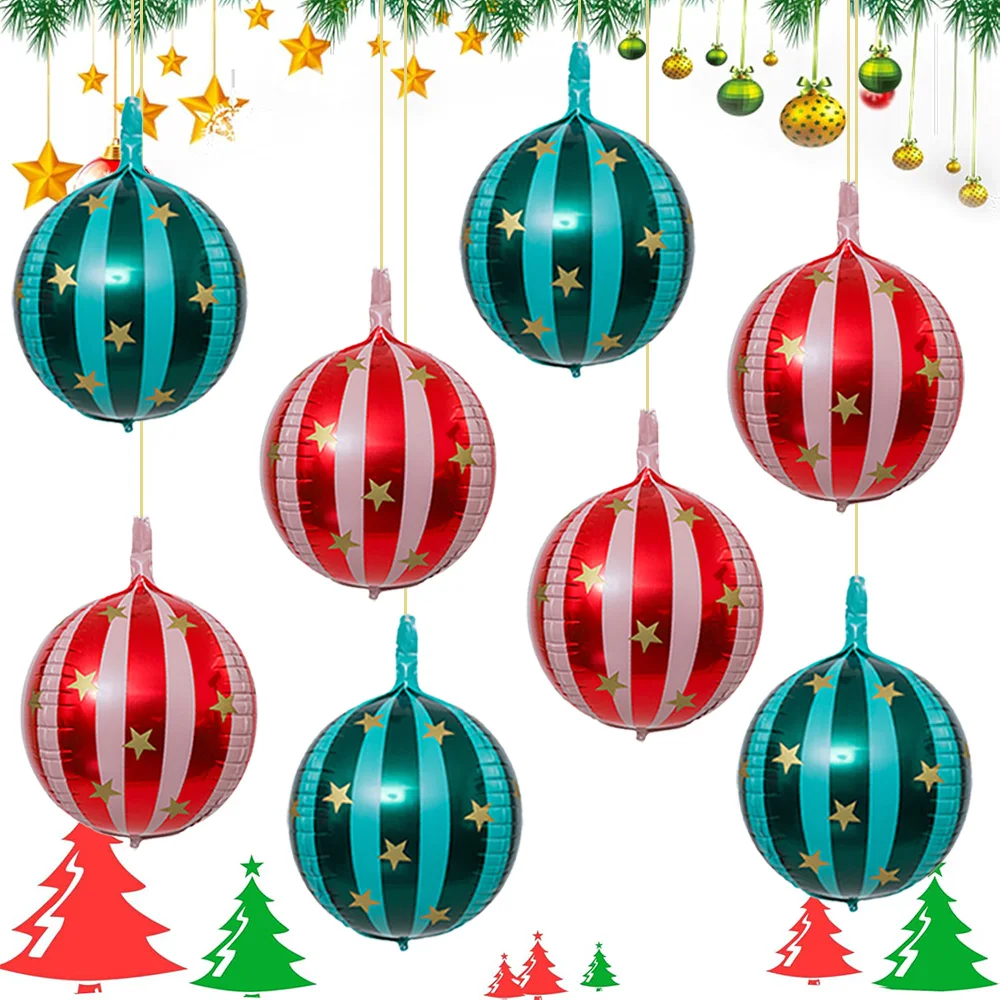 8-Pack of 22-Inch 4D Striped Star Balloons, 4 Red 4D Striped Star Balloons, 4 Green 4D Striped Star Balloons, 4D Aluminum Foil Balloons, Volleyball Balloons, Suitable for Christmas, Birthday Parties, Theme Parties, Christmas Party Decorations