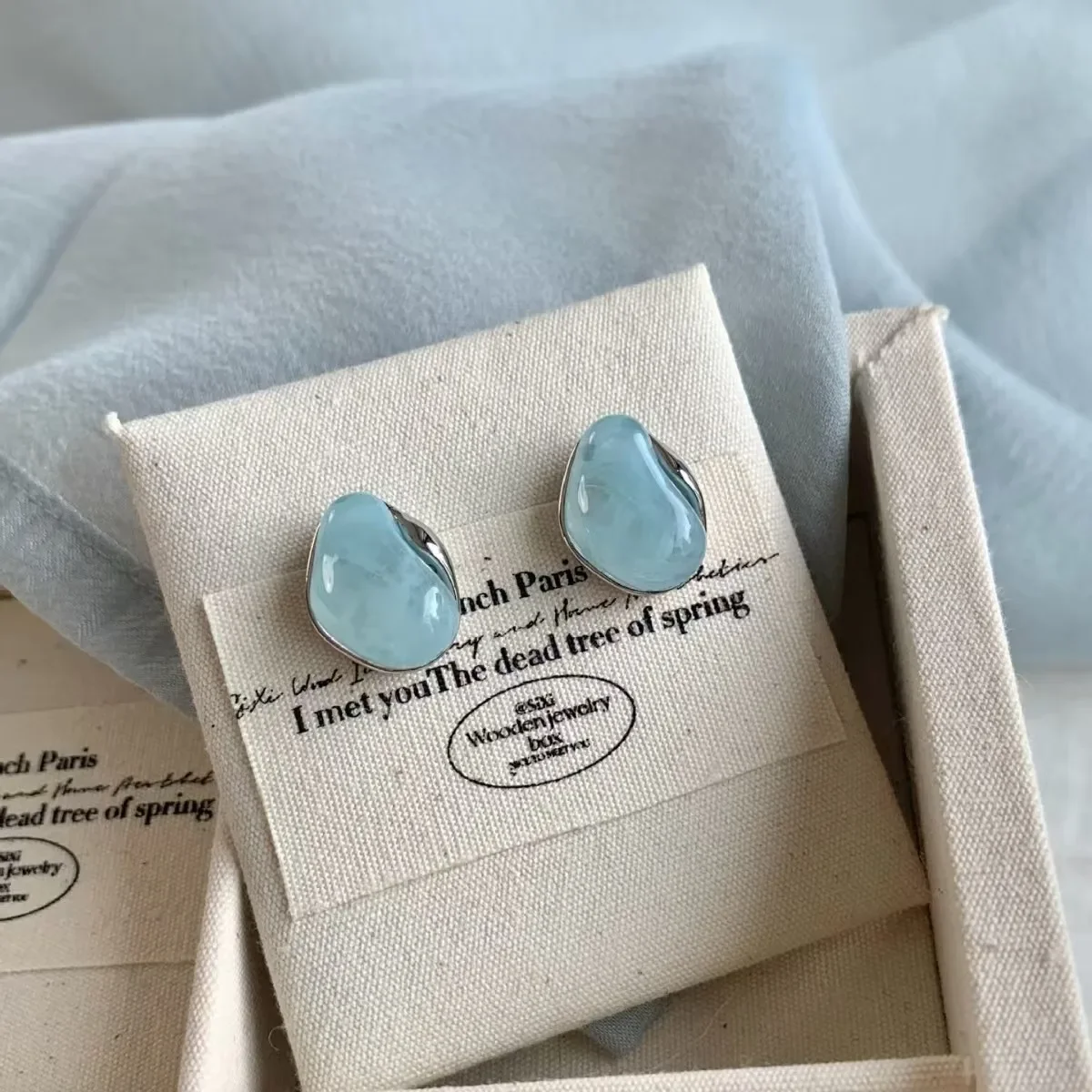 Irregular Smudging Resin Blue Jelly Ice Cute Geometric Bean Stud Earrings for Women Unique Jewelry Christmas Gift