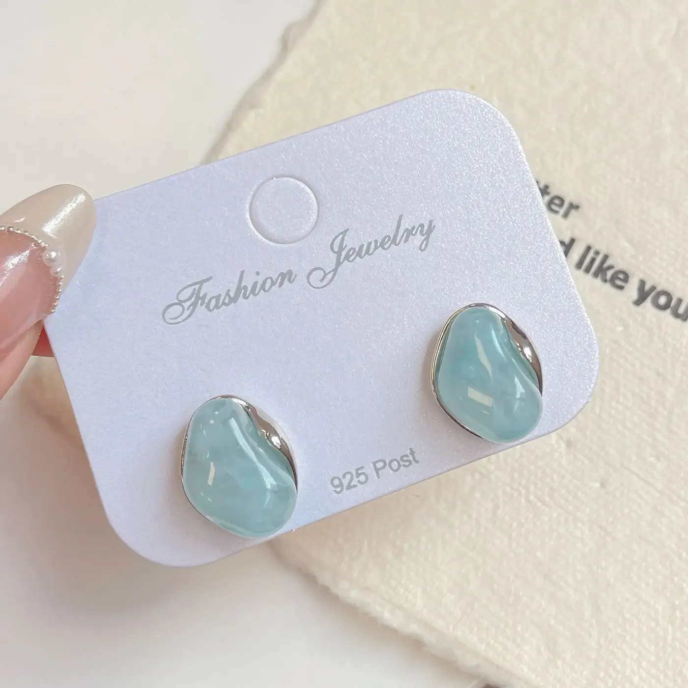 Irregular Smudging Resin Blue Jelly Ice Cute Geometric Bean Stud Earrings for Women Unique Jewelry Christmas Gift