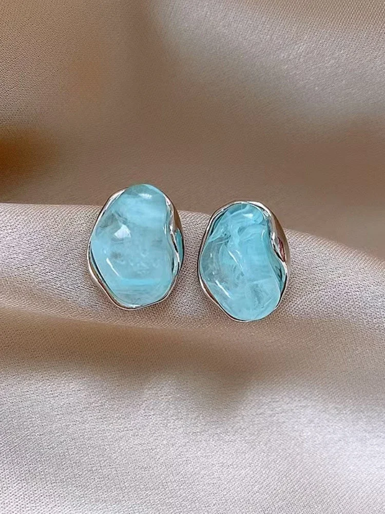 Irregular Smudging Resin Blue Jelly Ice Cute Geometric Bean Stud Earrings for Women Unique Jewelry Christmas Gift