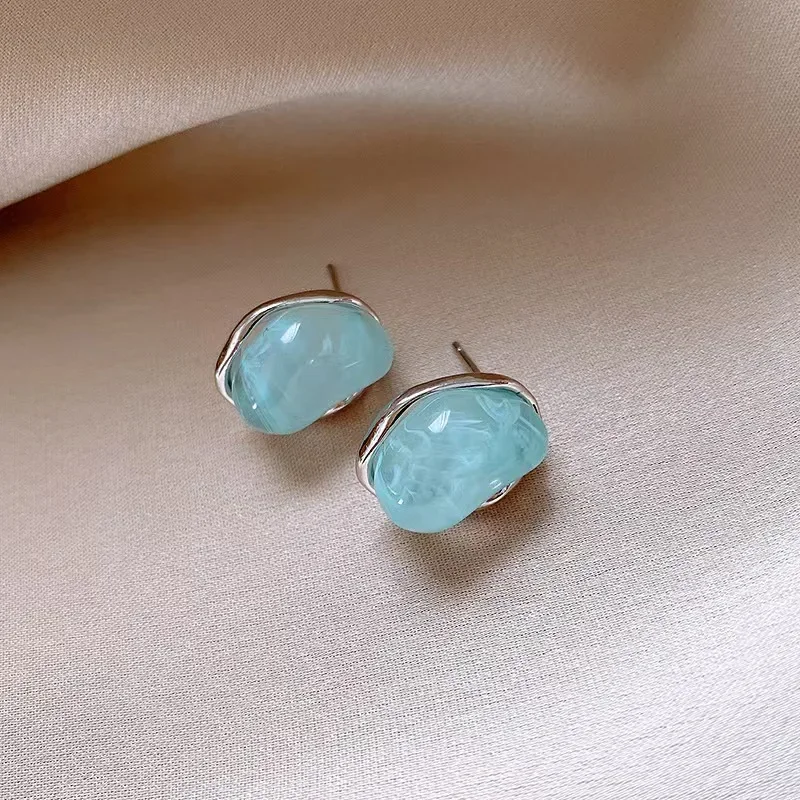 Irregular Smudging Resin Blue Jelly Ice Cute Geometric Bean Stud Earrings for Women Unique Jewelry Christmas Gift