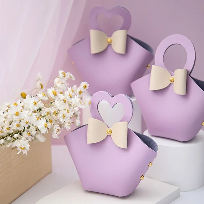 20PCS Leather Gift Bags Bow Ribbon Packaging Bag Wedding Favour Distributions Bags Christmas Candy Packaging Box Mini Handbag