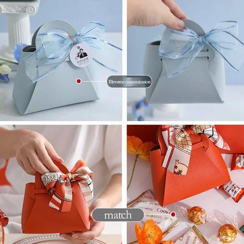 20PCS Leather Gift Bags Bow Ribbon Packaging Bag Wedding Favour Distributions Bags Christmas Candy Packaging Box Mini Handbag