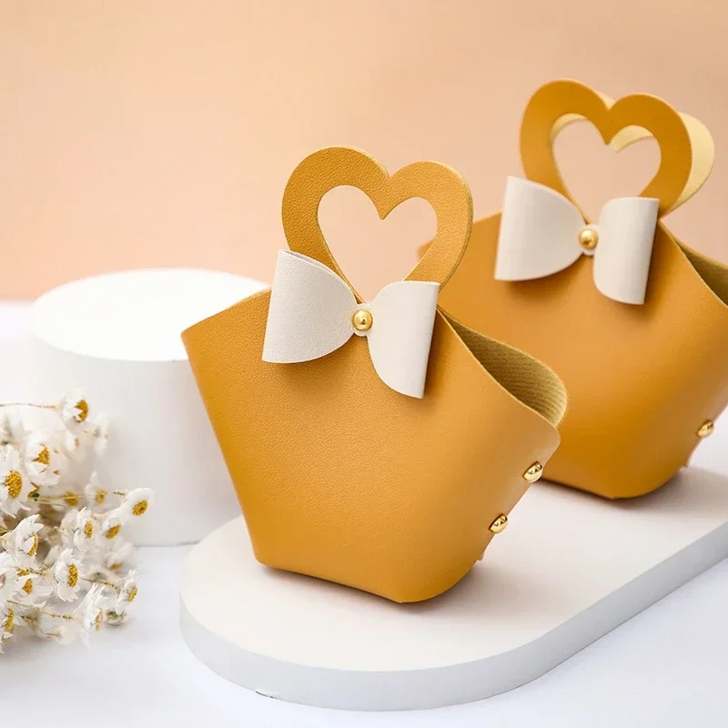 20PCS Leather Gift Bags Bow Ribbon Packaging Bag Wedding Favour Distributions Bags Christmas Candy Packaging Box Mini Handbag