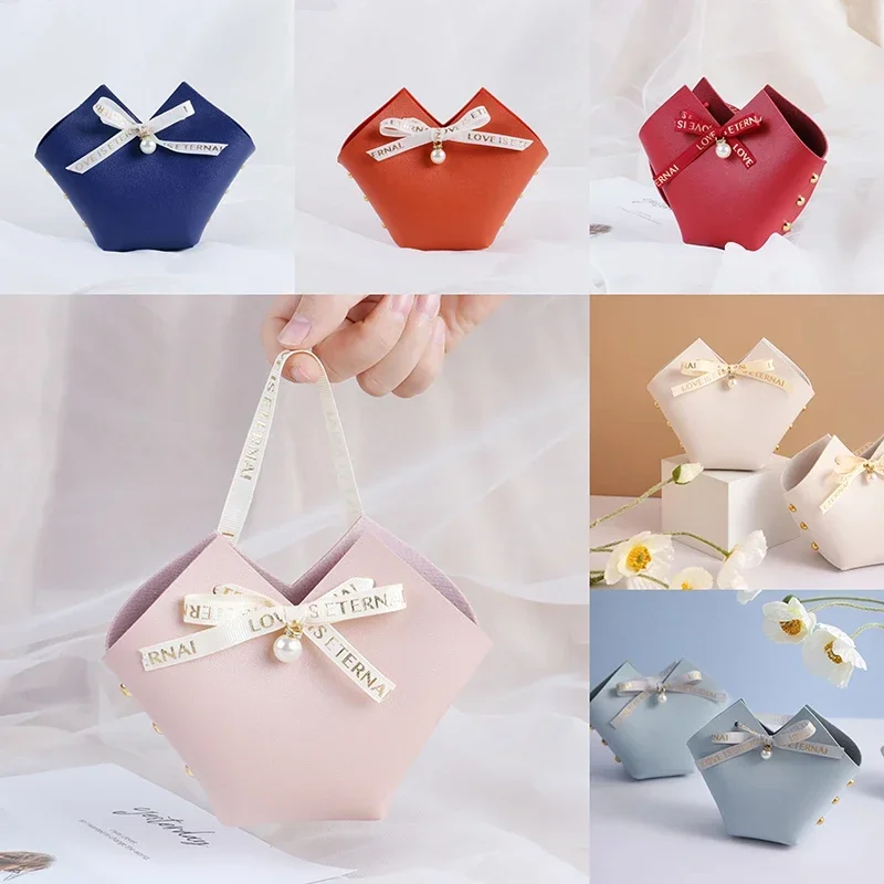 20PCS Leather Gift Bags Bow Ribbon Packaging Bag Wedding Favour Distributions Bags Christmas Candy Packaging Box Mini Handbag