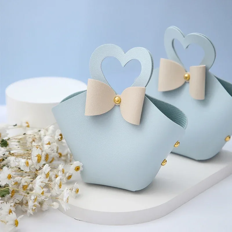 20PCS Leather Gift Bags Bow Ribbon Packaging Bag Wedding Favour Distributions Bags Christmas Candy Packaging Box Mini Handbag