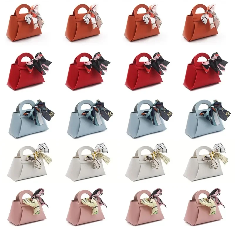 20PCS Leather Gift Bags Bow Ribbon Packaging Bag Wedding Favour Distributions Bags Christmas Candy Packaging Box Mini Handbag
